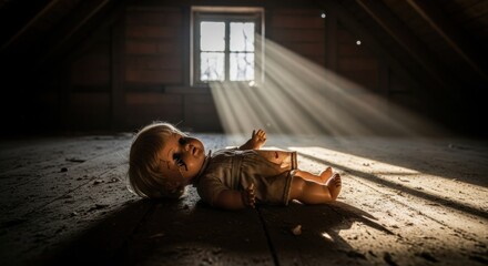 Creepy broken doll with cracked face lying on dusty wooden floor in dark attic with sunlight. Eerie horror concept. Halloween.