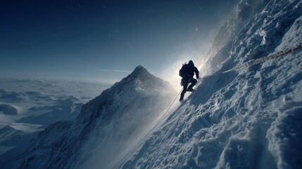 A climber ascends a snowy mountain peak under a clear blue sky. The scene captures the challenge of high-altitude mountaineering.