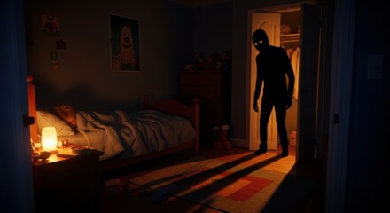 Child sleeping in bed unaware of scary monster with glowing eyes coming out of closet door, a nightmare horror concept for Halloween.