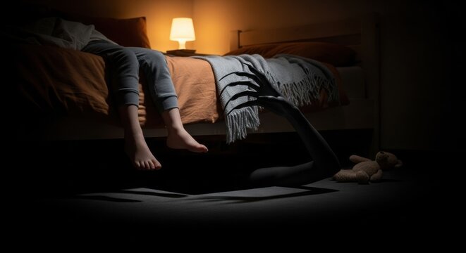 Child's legs dangling from bed, monster hand emerging from under bed. Nightmare creature reaching for kid. Halloween horror concept.