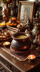 Fototapeta premium A home altar decorated for Ghatasthapana during Sharad Navratri. Copper kalash, candles, and offerings for Goddess Durga