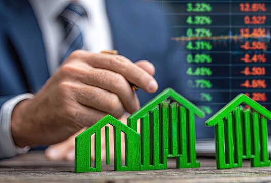 Businessman placing green house models on a table, focused on stock market