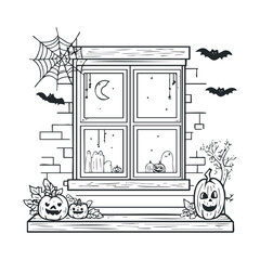 A hand-drawn sketch of a window decorated for Halloween.