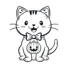 A hand-drawn sketch of a cute, smiling cat with a pumpkin charm.