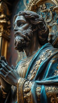 Sculpture of a religious figure with a beard and long hair, wearing robes, holding hands to chest in prayerful gesture, with a golden frame on backdrop of dark wood.