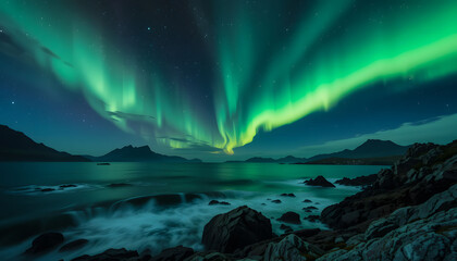 Naklejka premium The vivid aurora borealis illuminates the night sky with brilliant green and yellow light over a rugged, rocky coastline, with waves crashing against the shore.