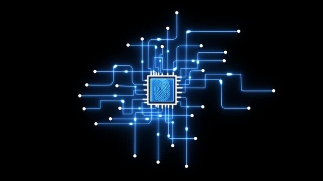 Digital neon data connection technology background with fingerprint biometrics. Futuristic glowing neon circuit board with moving electrons PNG alpha. 4k video animation. 
