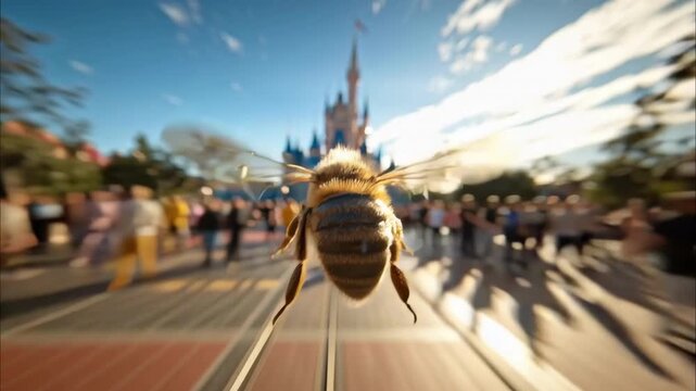 View from the perspective of a bee flying dynamically through a crowd in a theme park. The bee is shown from behind, flying forward.