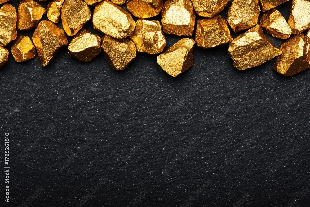 Poster a close-up view of shimmering gold rocks against a dark background, highlighting texture and color c
