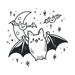 Fototapeta premium A cute, hand-drawn sketch of bats flying near a moon.