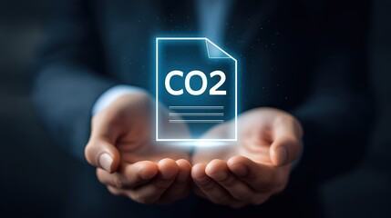 Faceless Analyst’s Hands Presenting Glowing Receipt Icon with ‘CO2’ Currency, Meticulously Calculated to Represent Emissions Tracking, Carbon Accounting, and Environmental Impact Concept