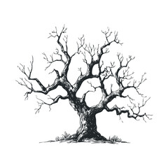 Fototapeta premium A detailed black and white drawing of a spooky, leafless tree.
