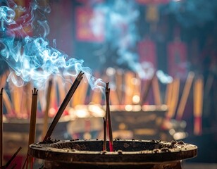Blue Smoke Incense Burning at Temple Ceremony