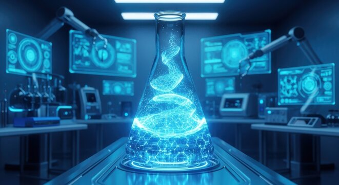 Futuristic laboratory with robotic arms and digital displays with glowing flask - Powered by Adobe