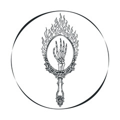  A skeletal hand emerging from a flaming mirror.