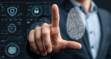 Close-up of hand scanning a digital fingerprint.  Security interface overlay