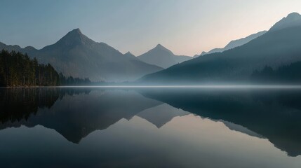 Serene Mountain Lake Reflection at Dawn with Misty Haze and Forest Edges
