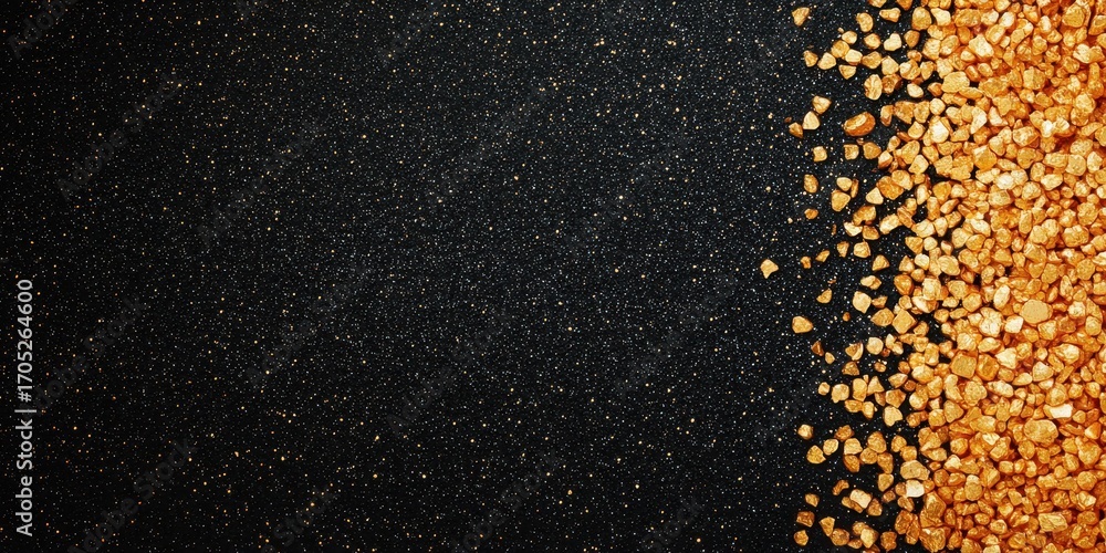 Poster a contrasting image of textured black sand and scattered golden pebbles, showcasing a striking visua