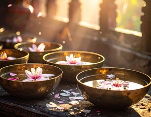 Brass Bowls with Pink Flowers and Warm Lighting in Temple Sanctuary