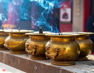 Brass Oil Lamps at Dusk Temple Altar