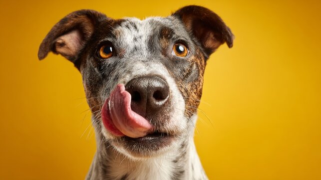A close-up of a playful mixed-breed dog with a spotted coat, licking its lips against a bright yellow background. The dog appears happy and curious.