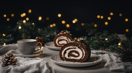 Festive Chocolate Swiss Rolls with Cream and Warm Christmas Lights