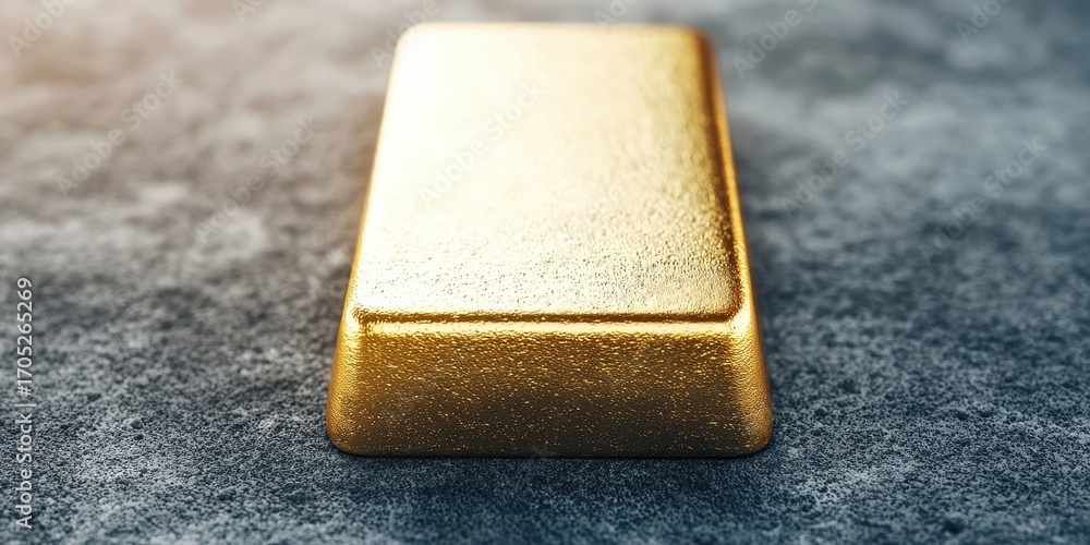 Poster a shiny gold bar resting on a textured surface, reflecting light and emphasizing its luster and valu