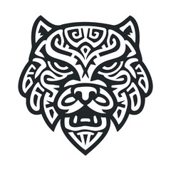 A stylized and intricate drawing of a tiger's head.
