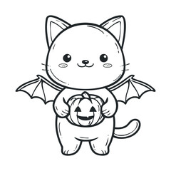 Obraz premium A cute feline with bat wings holding a carved pumpkin.