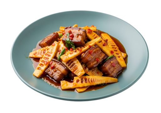 A plate of savory stir-fried bamboo shoots and pork belly, glistening with a rich, dark sauce, presented on a muted teal-colored dish.