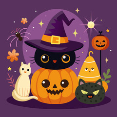 Cute halloween black cat with pumpkins and candy corn on purple background