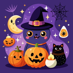 A cute halloween illustration featuring a black cat in a witch hat