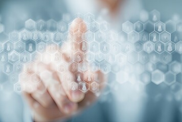 Hand interacting with a network of abstract user icons