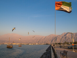UAE Ras Al Khaimah coastline with boats flag seabirds and Hajar mountains