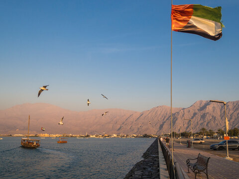 UAE Ras Al Khaimah coastline with boats flag seabirds and Hajar mountains