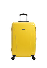 A vibrant yellow suitcase ideal for travel, vacation, and luggage-related concepts, symbolizing adventure, journeys, and packing isolated on white or transparent background.PNG format.
