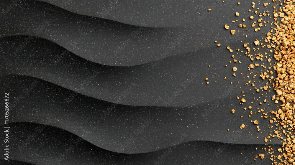 Poster the image features textured black sand waves with scattered golden nuggets, creating a striking cont