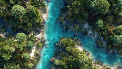 Obraz premium Aerial view of a lush, tropical river winding through a dense forest