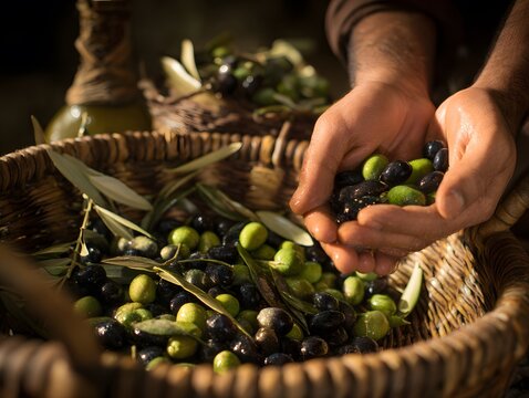 Hands Holding Freshly Harvested Olives over a Woven Basket, healthy eating, mediterranean food - Powered by Adobe