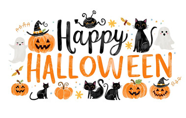 Happy Halloween Greeting Card with Cute Black Cats, Pumpkins, Ghosts, and Festive Lettering Illustration