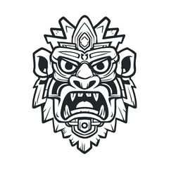 A fierce tribal mask with a snarling expression.
