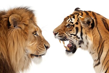 Lion and a tiger are facing each other