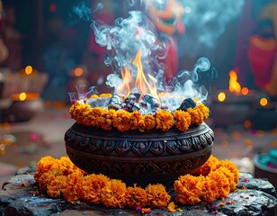 Burning Incense Offering with Marigold Flowers