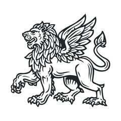 Obraz premium A black and white sketch of a winged lion.