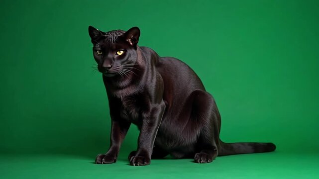 Elegant black cat sitting alertly in studio against vibrant green background, poised and ready to pounce with golden eyes tracking movement