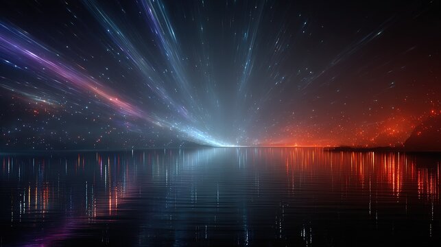 Neon Laser Light Rays Abstract Water Surface Background, Cyberpunk Style Blue Purple Red Colors for Poster and Cover Design