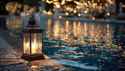 Naklejka premium A vintage lantern beside a pool at twilight