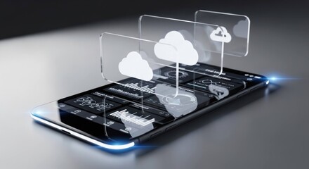 Smartphone displaying cloud data graphics hovering above the screen