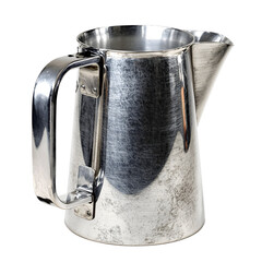 An old-fashioned silver-colored metal jug with a weathered texture and metallic sheen, featuring a riveted handle and isolated on a white background