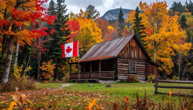 Rustic cabin with Canadian flag in autumn forest — wilderness pride, seasonal warmth, national retreat. - Powered by Adobe